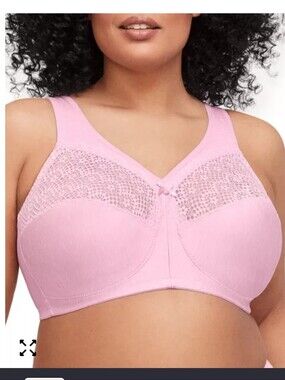 Glamorise Magic-Lift Moisture Control Lace Pink Bra Full Coverage Wire Free 50DD